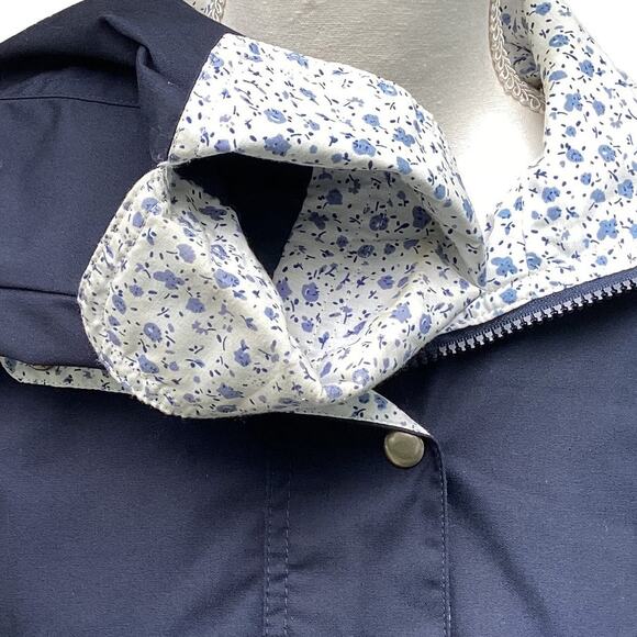 Cute Hooded Rain Jacket Parka Blue Cottage Style Floral Full Zip Women's Small - Picture 5 of 9